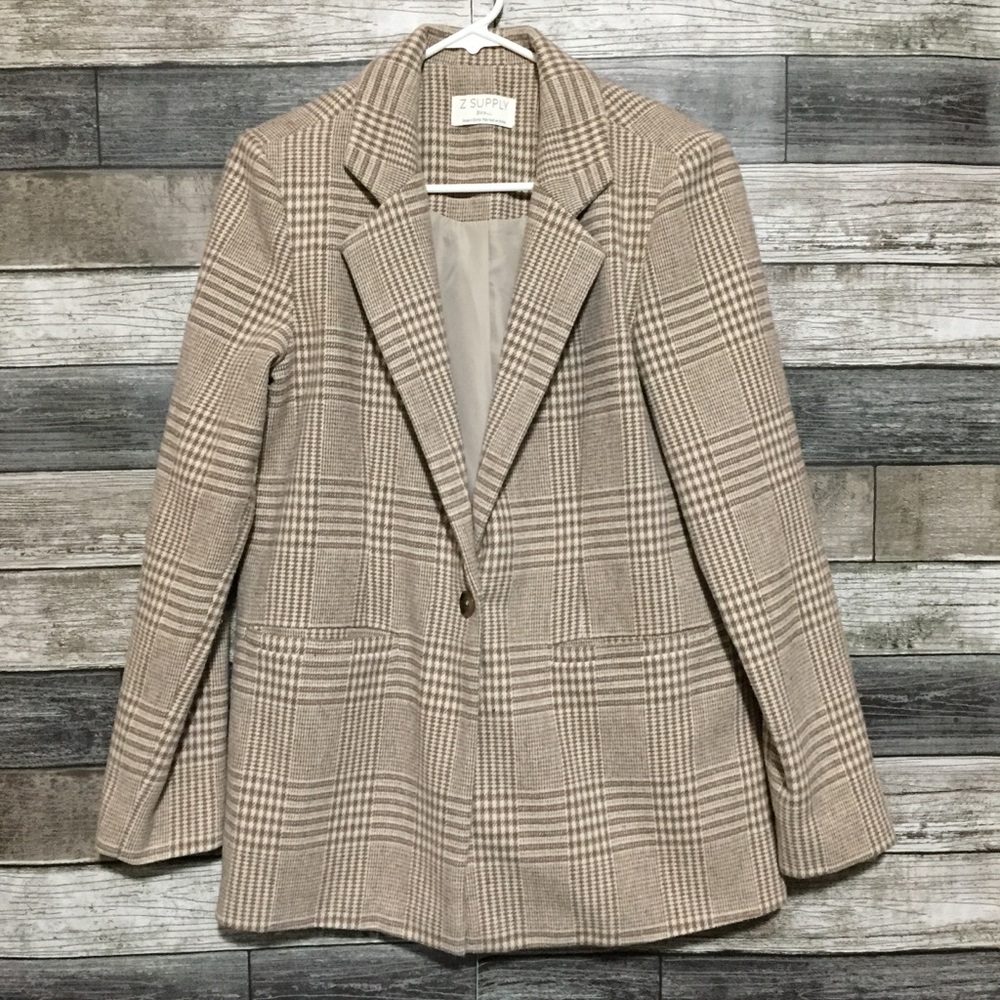 Z Supply Plaid One Button Blazer Jacket Women’s S Tan Brown Polyester - Picture 5 of 9
